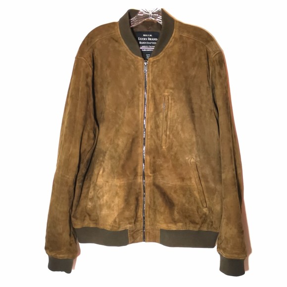 Lucky Brand Men's 100% Suede Leather Bomber Jacket Dark Olive XL Lined Pockets - Picture 2 of 15